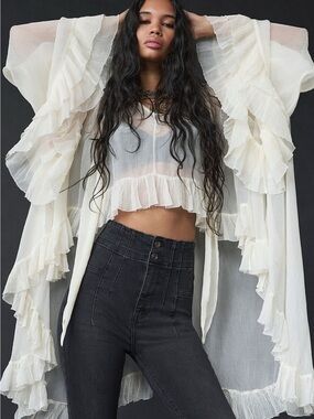 Free People Full Sleeve Frill Top XL Ivory